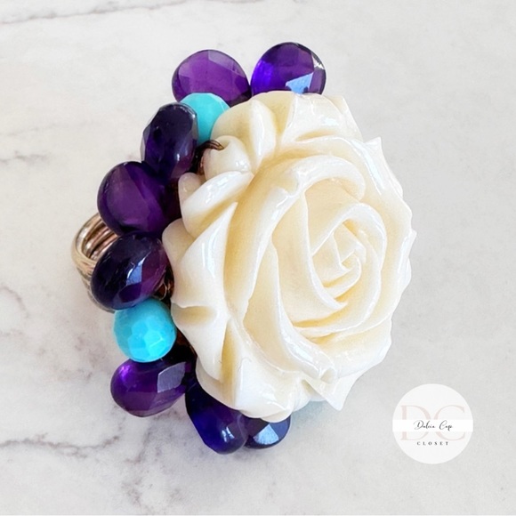 Sterling Silver 925 Resin Ring With Amethyst And Turquoise Real Quartz - Picture 5 of 7